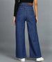 Urbano Fashion Women's Blue Regular Fit Wide Leg Mild Distressed/Knee Slit Washed Jeans