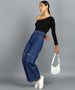 Urbano Fashion Women's Blue Regular Fit Wide Leg Mild Distressed/Knee Slit Washed Jeans