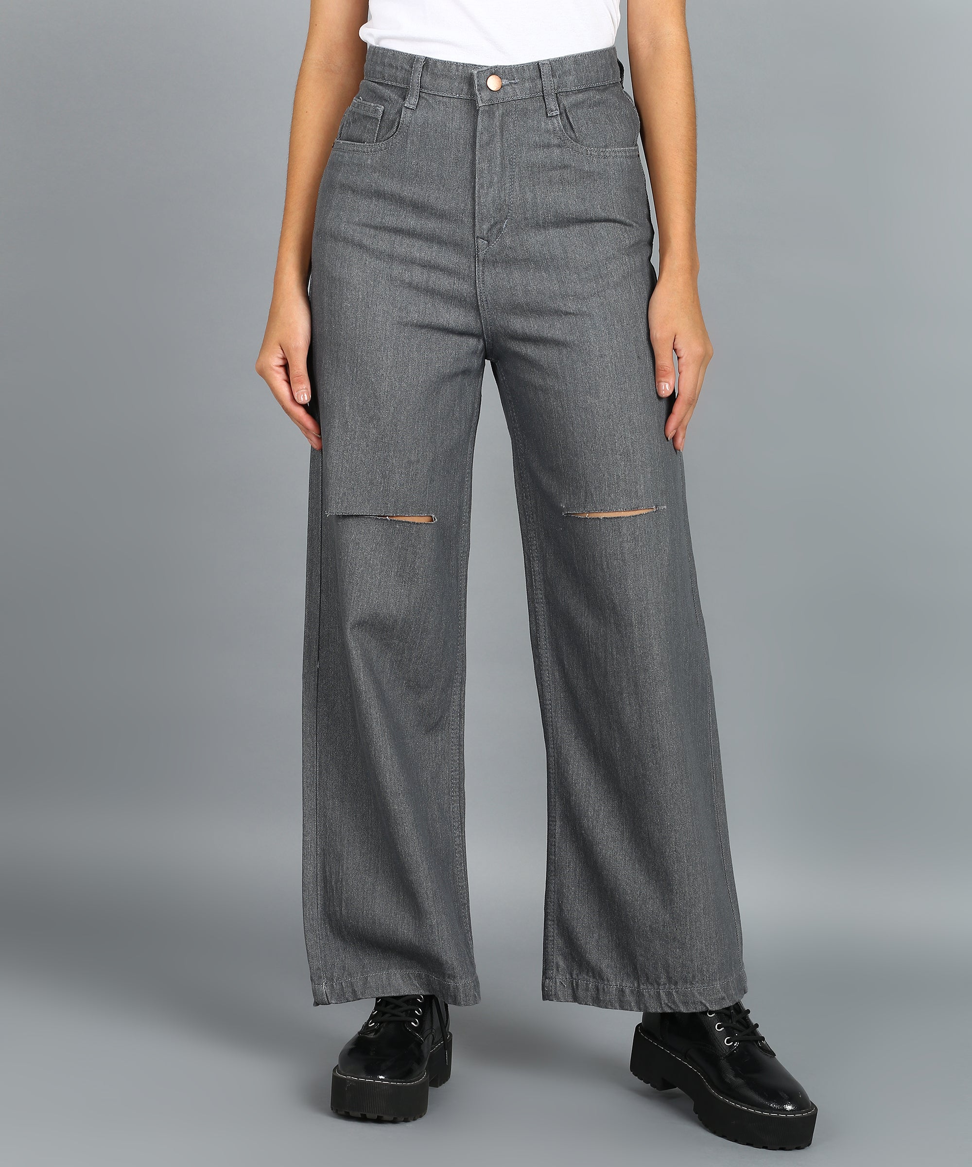 Urbano Fashion Women's Grey Regular Fit Wide Leg Mild Distressed/Knee Slit Washed Jeans