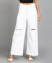 Women's White Regular Fit Wide Leg Mild Distressed/Knee Slit Washed Jeans