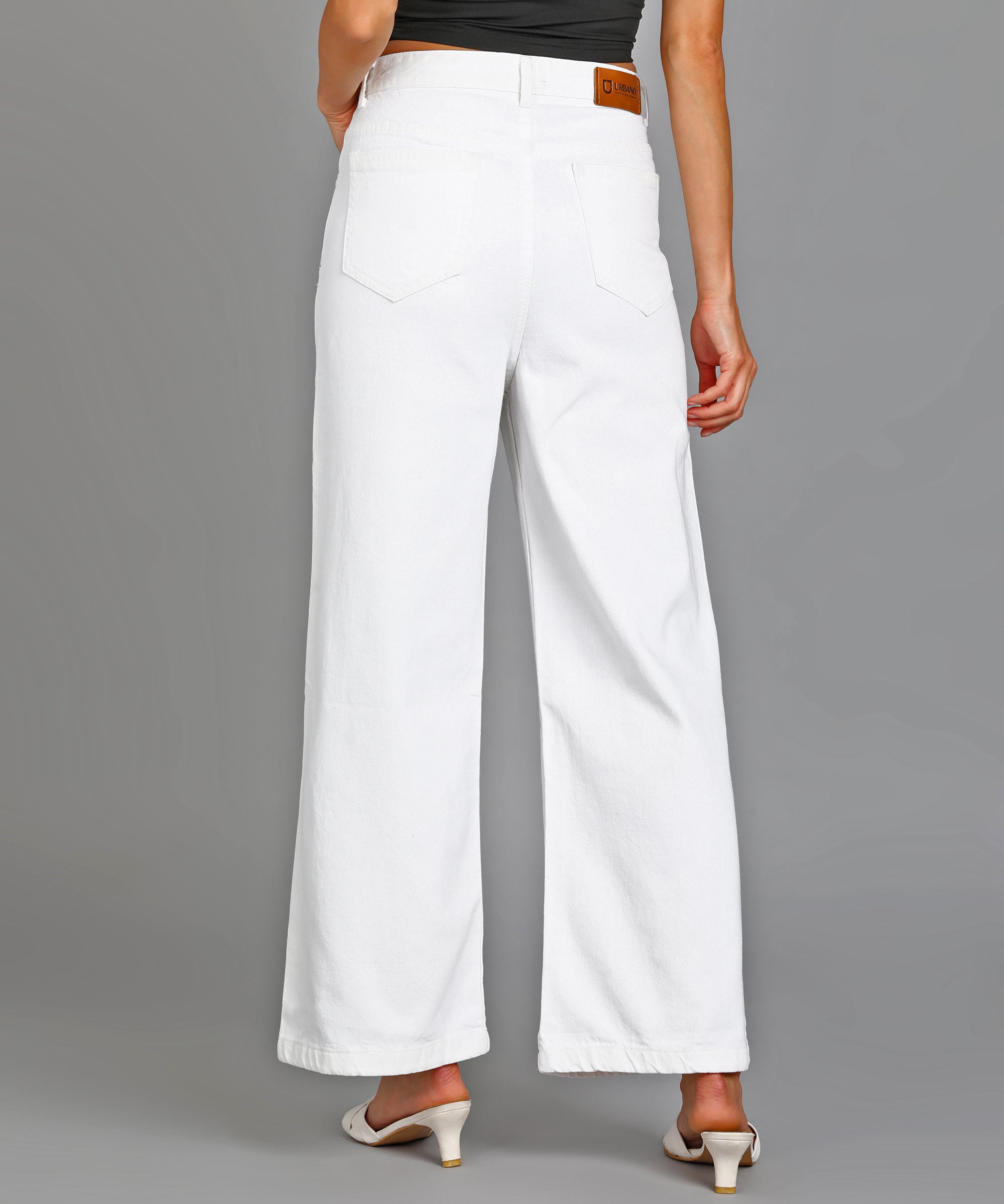 Women's White Regular Fit Wide Leg Mild Distressed/Knee Slit Washed Jeans