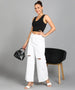 Women's White Regular Fit Wide Leg Mild Distressed/Knee Slit Washed Jeans
