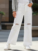 Women's White Wide Leg Fit Mild Distressed/Knee Slit Washed Jeans