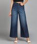Women's Dark Blue Regular Fit Wide Leg Washed Jeans