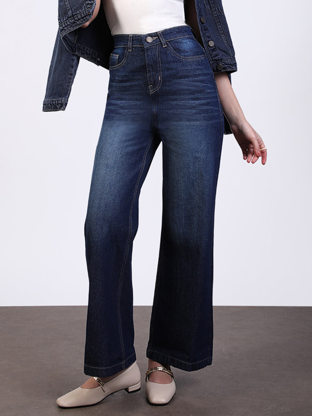 Women's Dark Blue Wide Leg Fit Washed Jeans