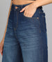 Women's Dark Blue Regular Fit Wide Leg Washed Jeans