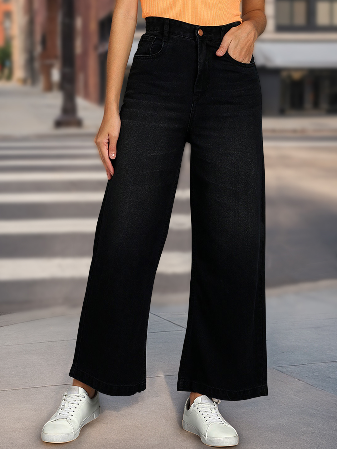 Women's Dark Grey Regular Fit Wide Leg Washed Jeans