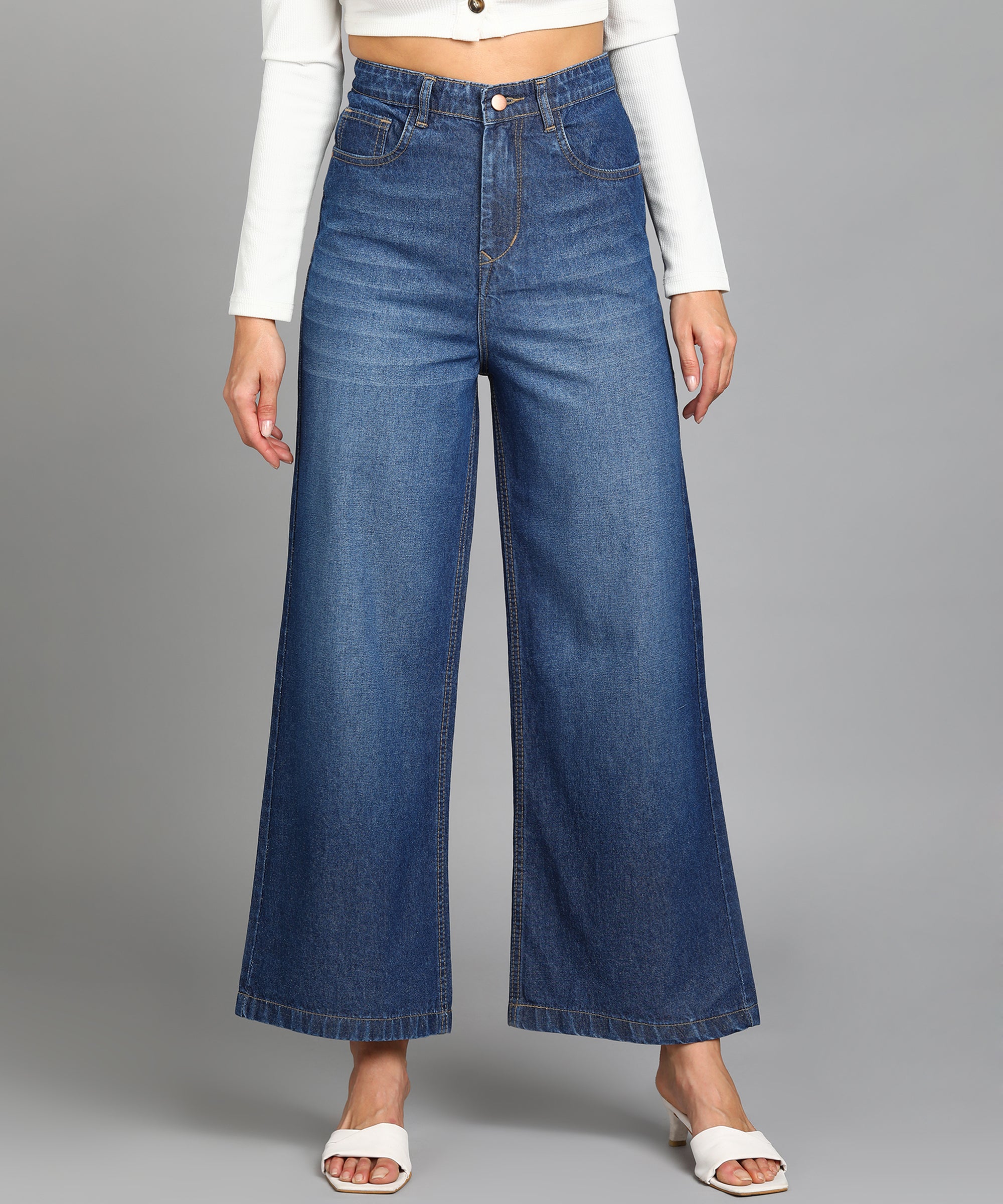 Women's Blue Regular Fit Wide Leg Washed Jeans