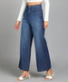 Women's Blue Regular Fit Wide Leg Washed Jeans