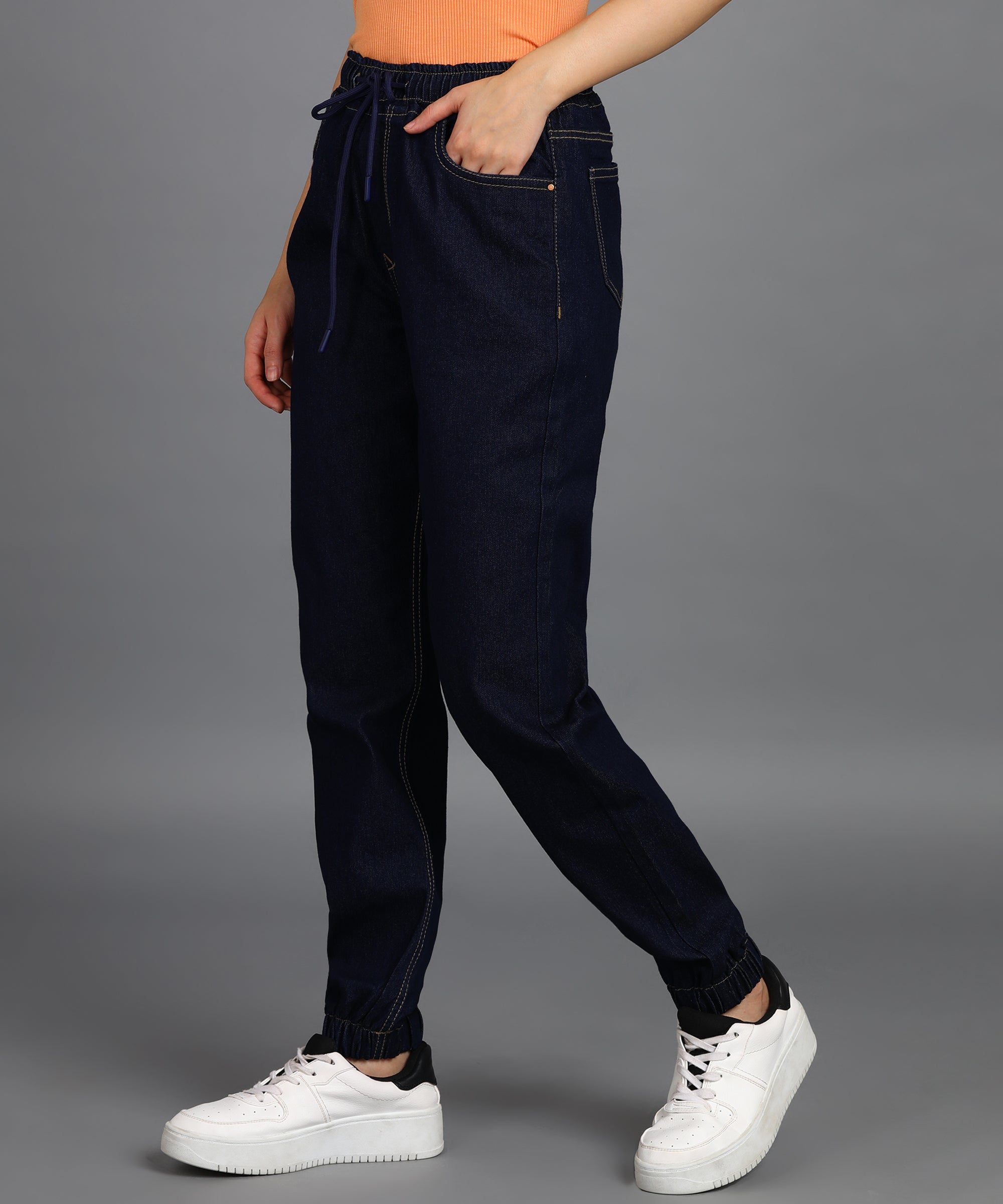 Urbano Fashion Women's Dark Blue Regular Fit Washed Jogger Jeans