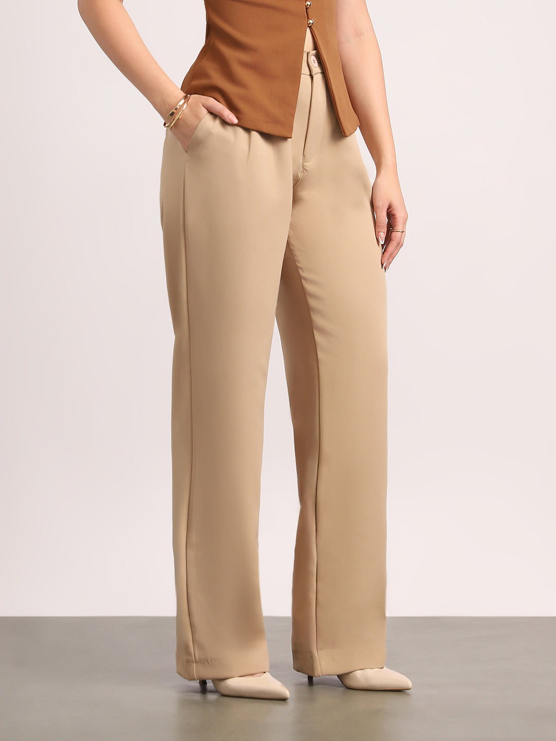 Women's Beige Loose Baggy Fit Solid Korean Pants Stretchable