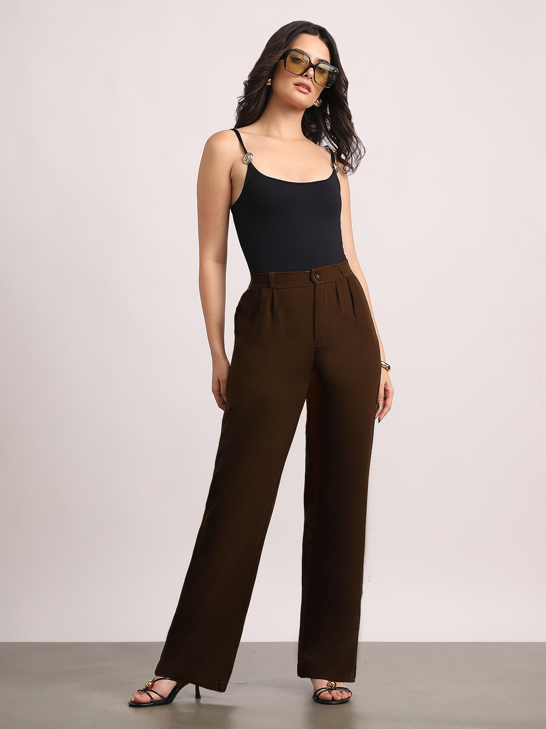 Women's Brown Loose Baggy Fit Solid Korean Pants Stretchable