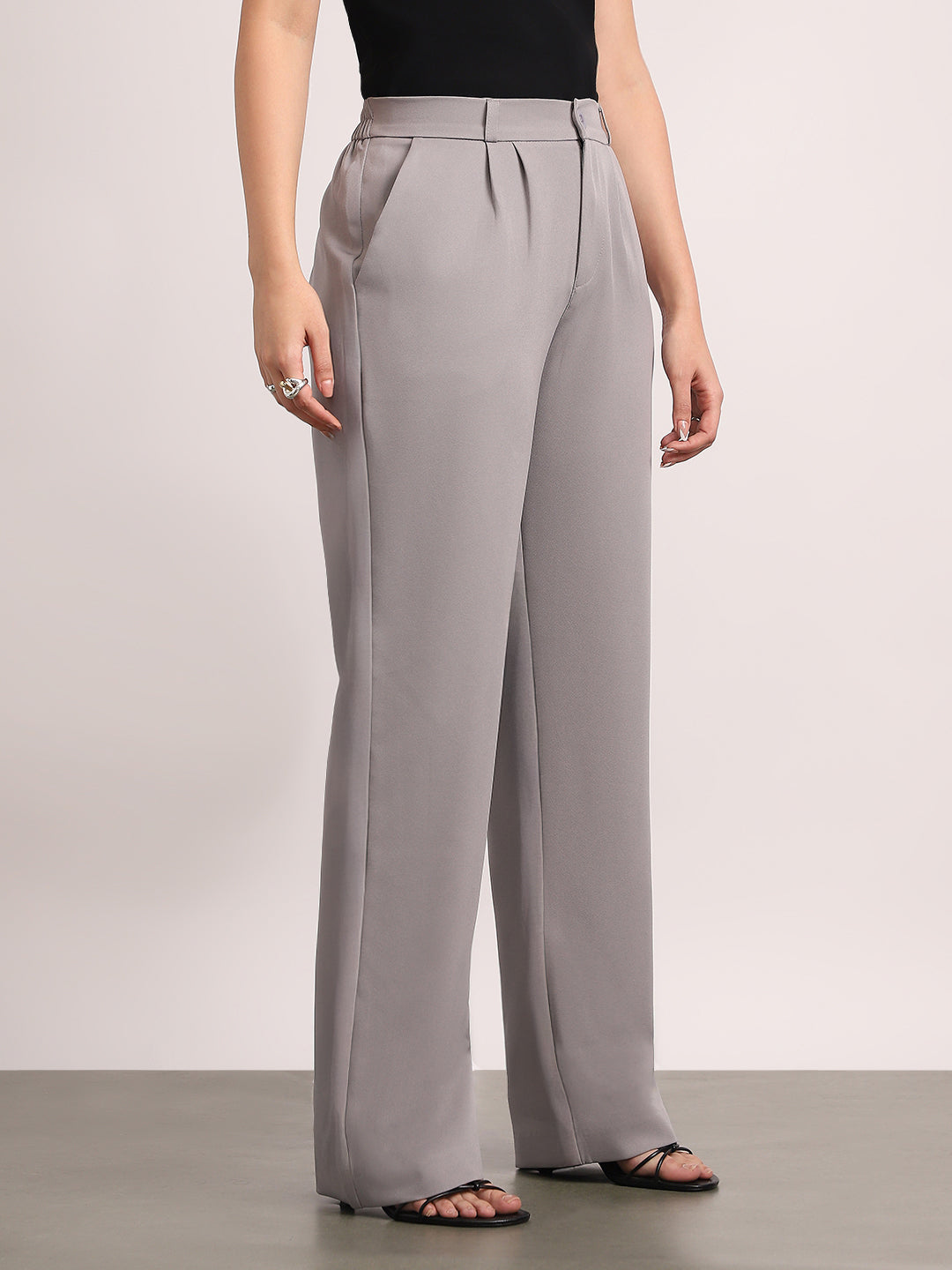 Women's Grey Loose Baggy Fit Solid Korean Pants Stretchable