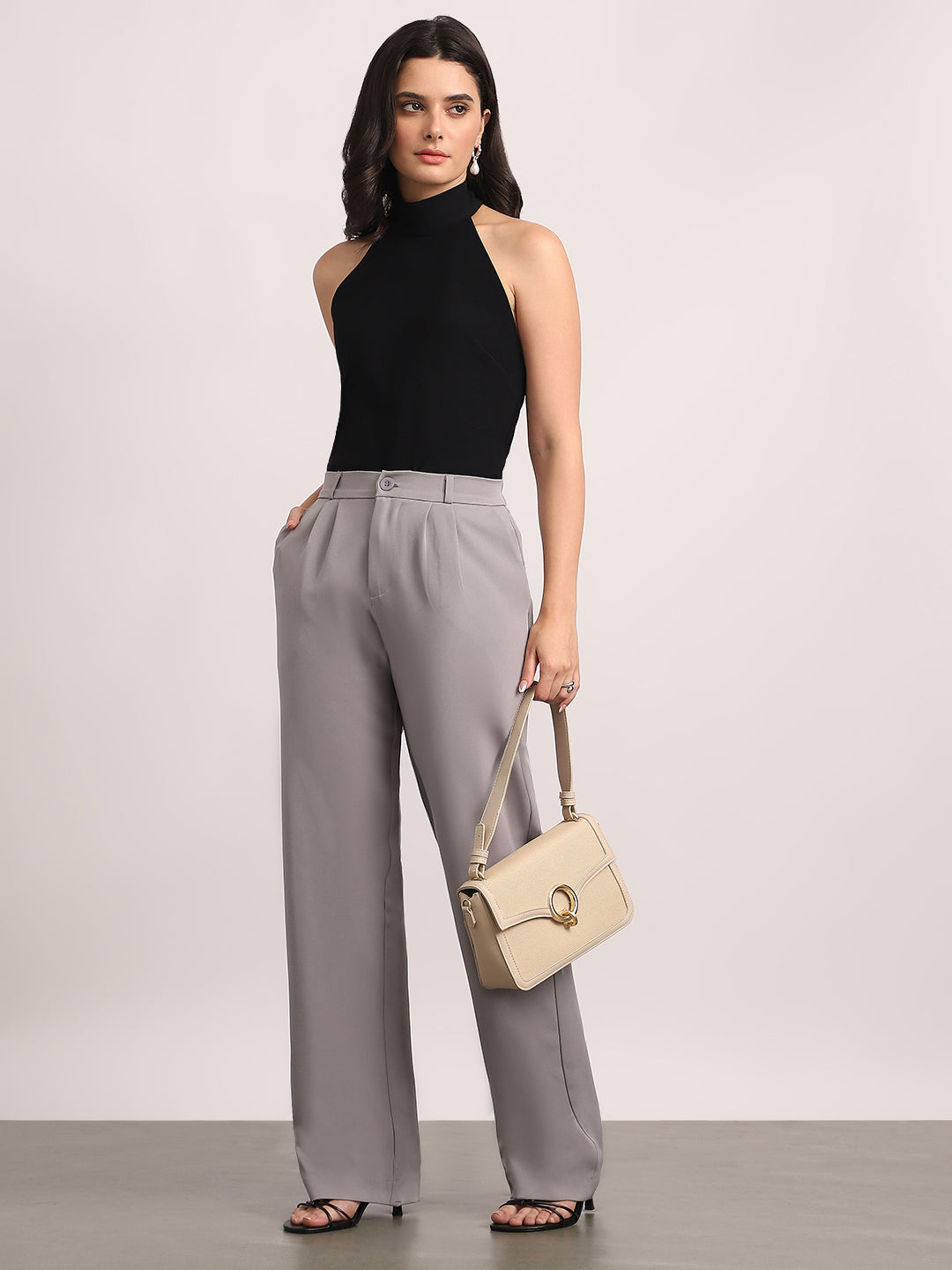 Women's Grey Loose Baggy Fit Solid Korean Pants Stretchable