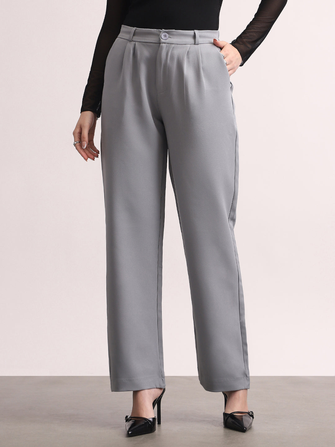 Women's Light Blue Loose Baggy Fit Solid Korean Pants Stretchable