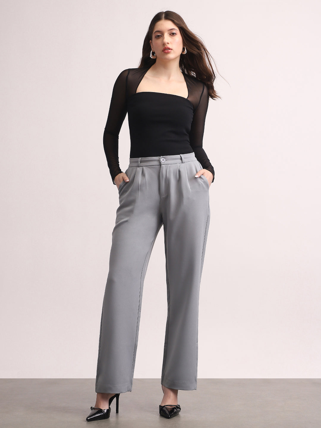 Women's Light Blue Loose Baggy Fit Solid Korean Pants Stretchable