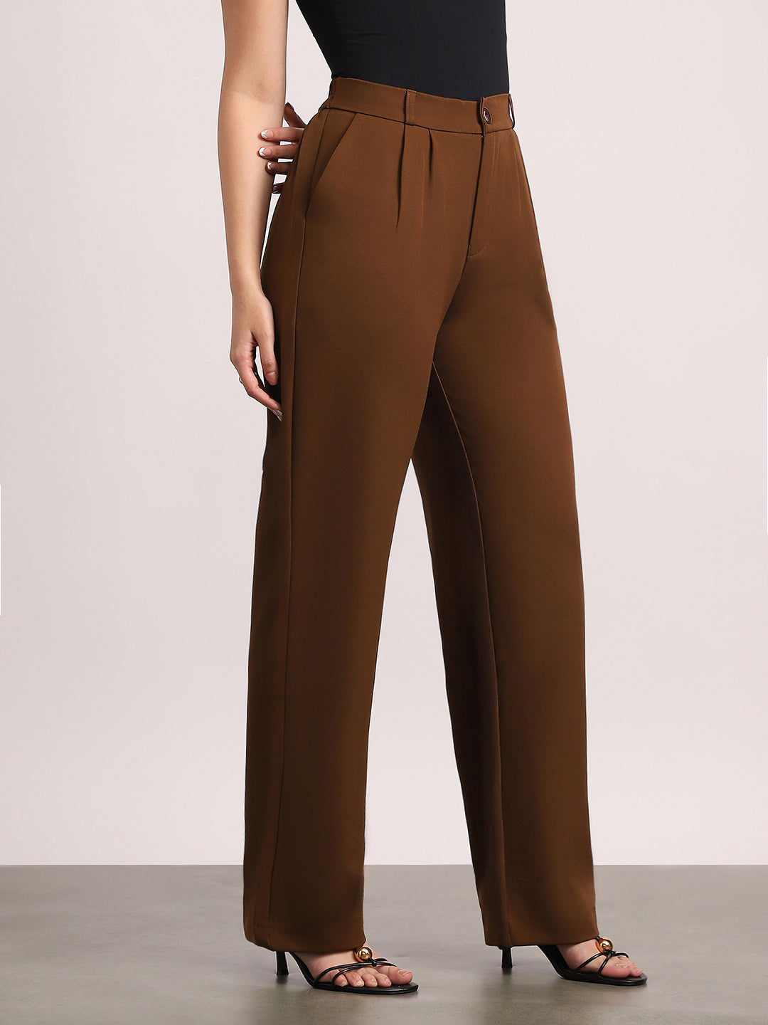 Women's Mocha Brown Loose Baggy Fit Solid Korean Pants Stretchable