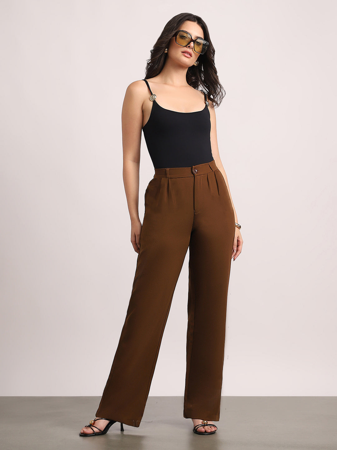Women's Mocha Brown Loose Baggy Fit Solid Korean Pants Stretchable