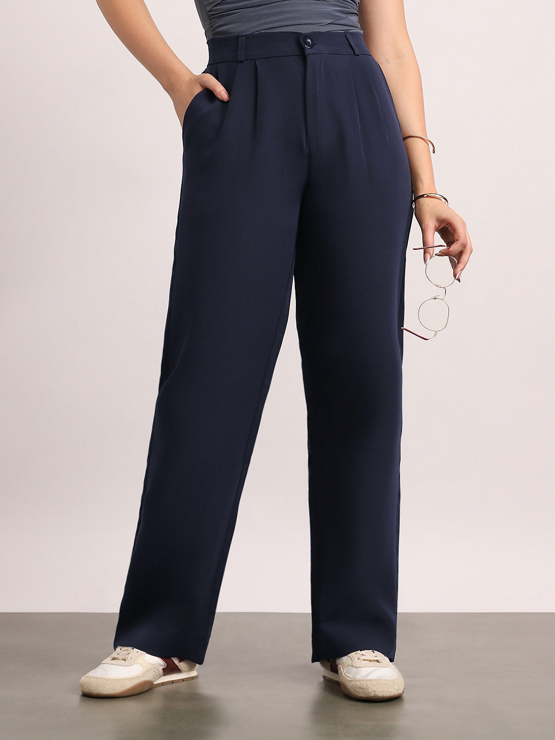 Women's Navy Loose Baggy Fit Solid Korean Pants Stretchable