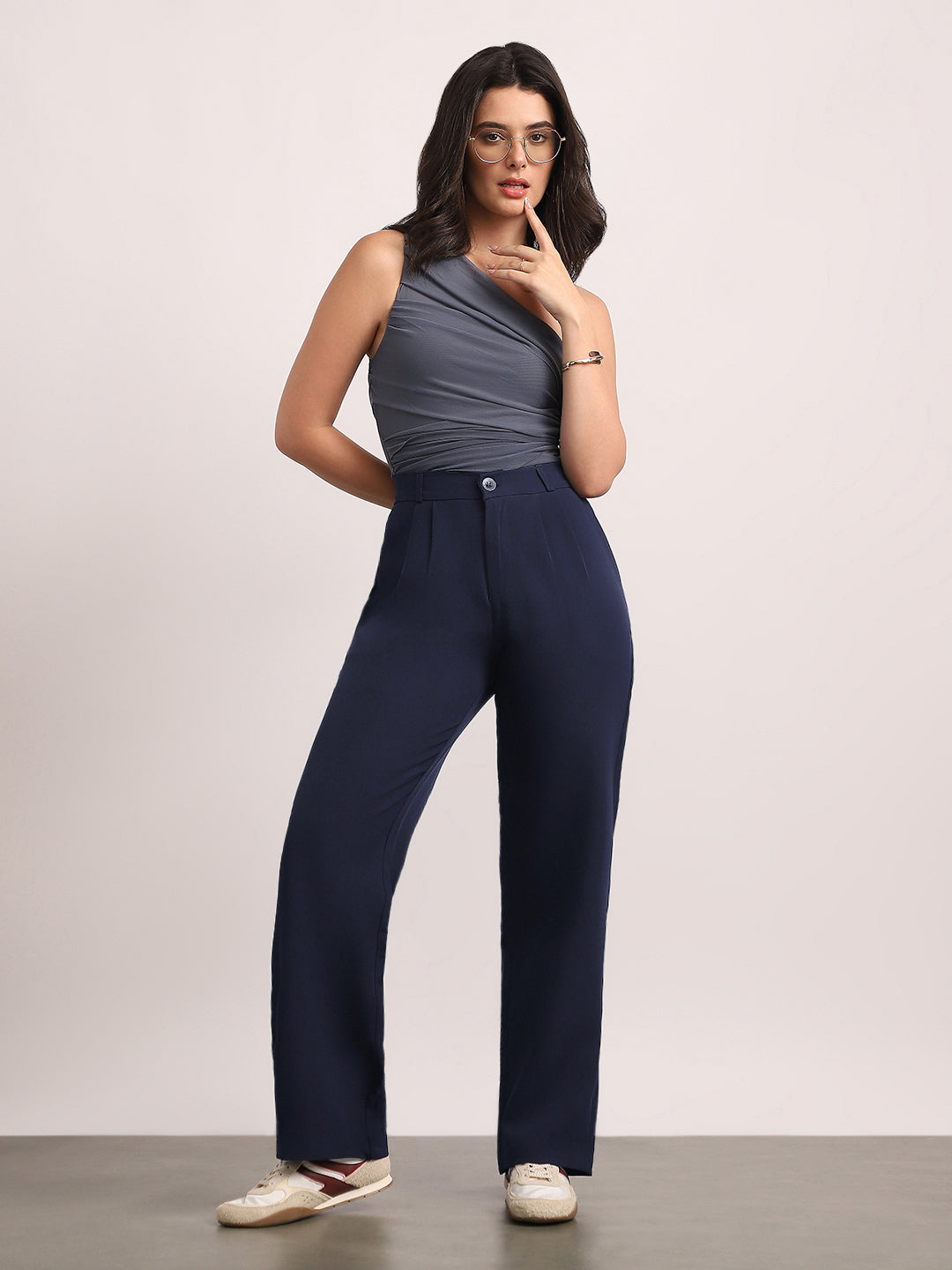 Women's Navy Loose Baggy Fit Solid Korean Pants Stretchable