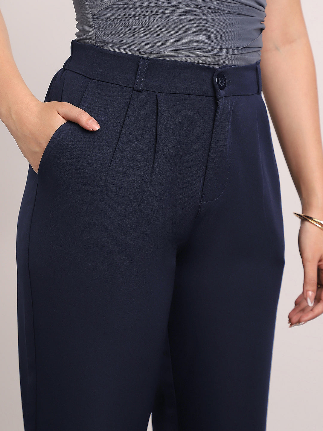 Women's Navy Loose Baggy Fit Solid Korean Pants Stretchable