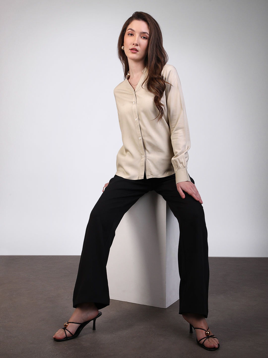 Women's Beige Modal Viscose Full Sleeve Regular Fit Casual Solid Shirt with Mandarin Collar