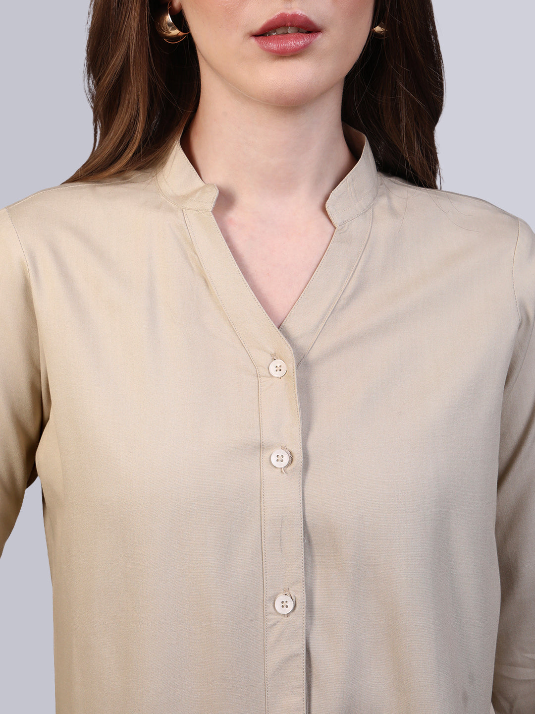 Women's Beige Modal Viscose Full Sleeve Regular Fit Casual Solid Shirt with Mandarin Collar
