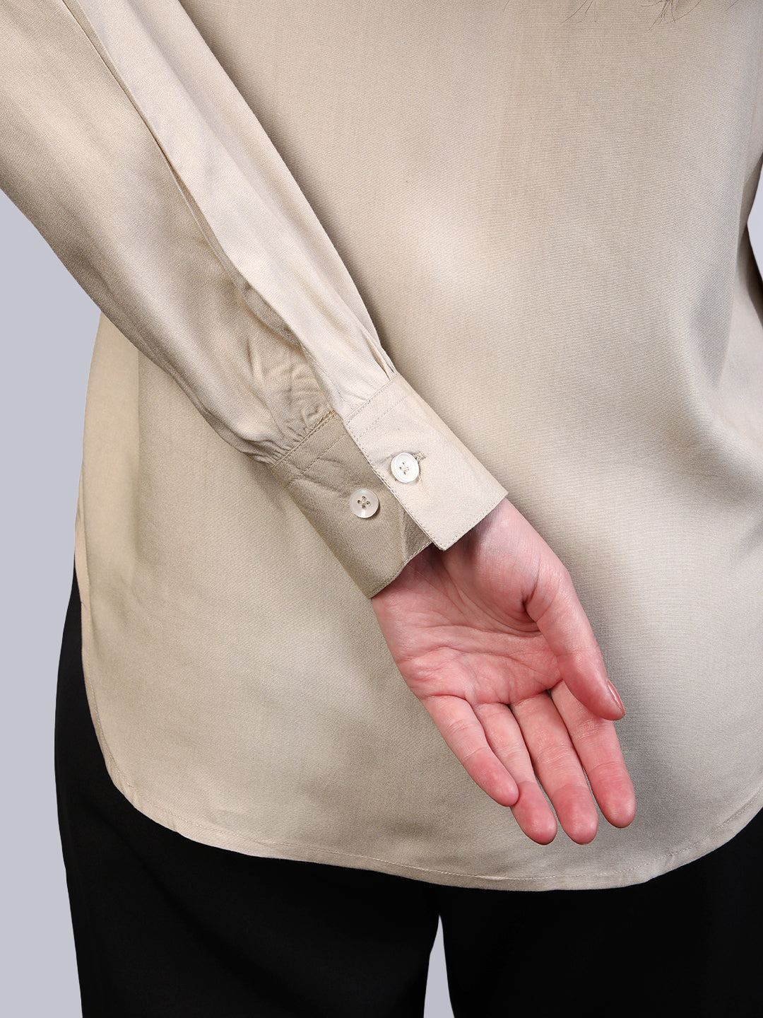 Women's Beige Modal Viscose Full Sleeve Regular Fit Casual Solid Shirt with Mandarin Collar