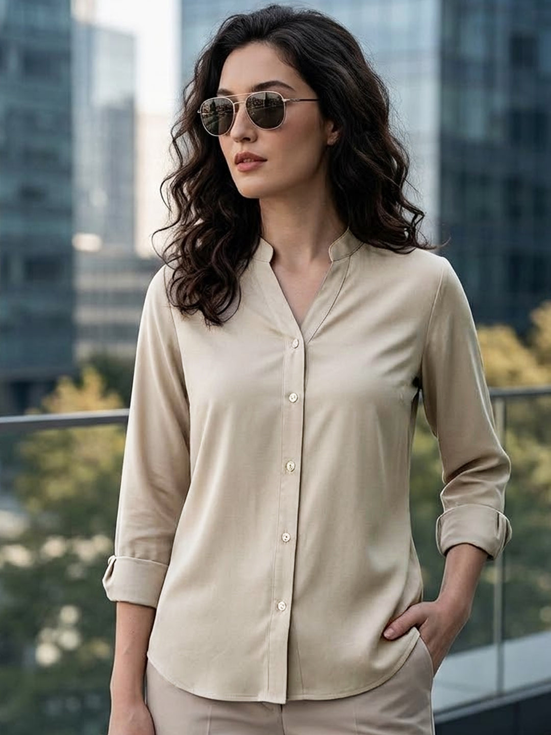 Women's Beige Modal Viscose Full Sleeve Regular Fit Casual Solid Shirt with Mandarin Collar