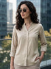 Women's Beige Modal Viscose Full Sleeve Regular Fit Casual Solid Shirt with Mandarin Collar