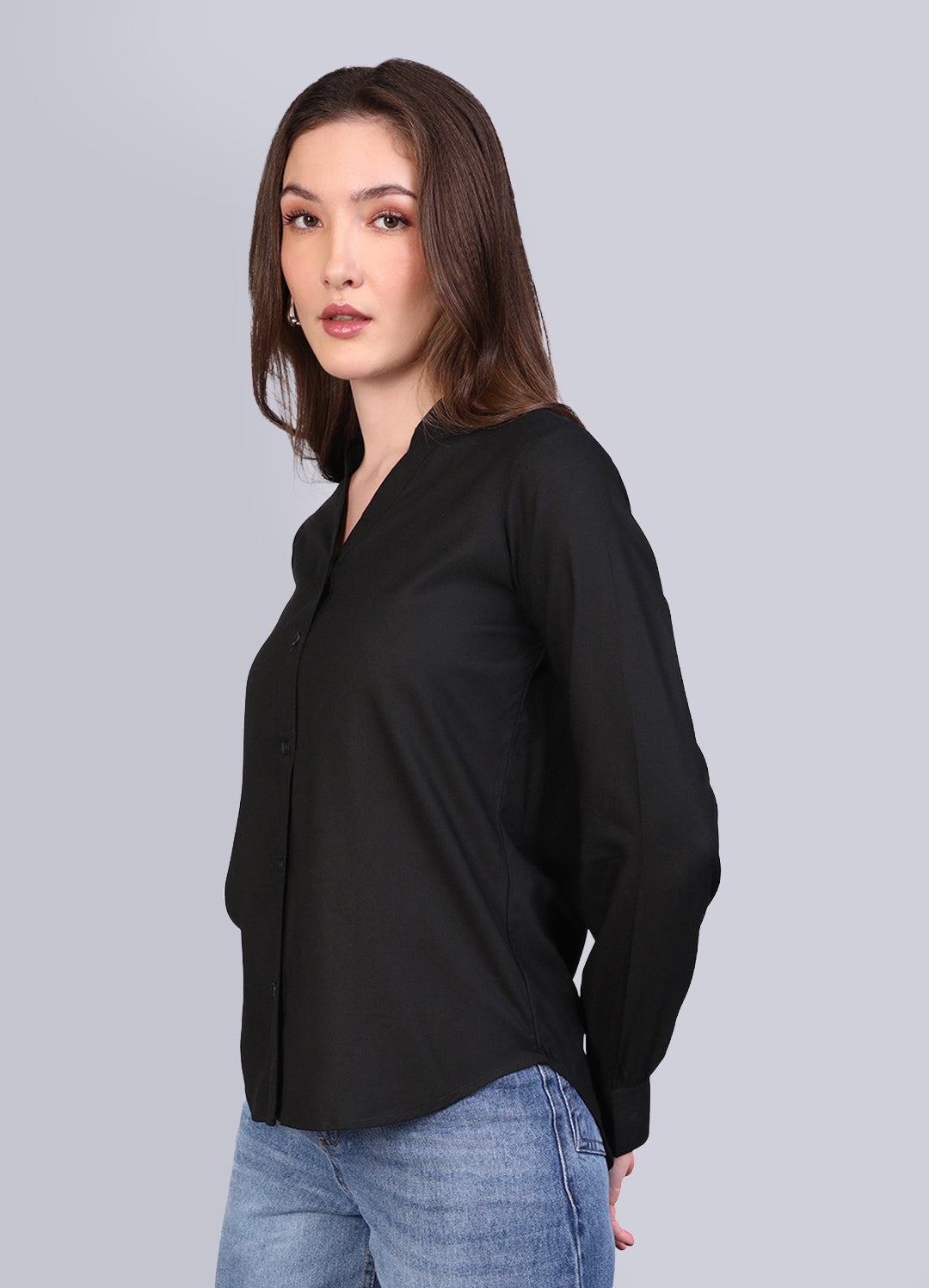 Women's Black Modal Viscose Full Sleeve Regular Fit Casual Solid Shirt with Mandarin Collar