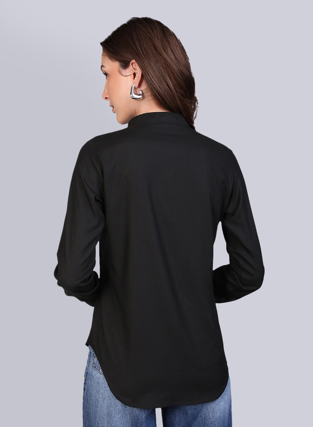 Women's Black Modal Viscose Full Sleeve Regular Fit Casual Solid Shirt with Mandarin Collar