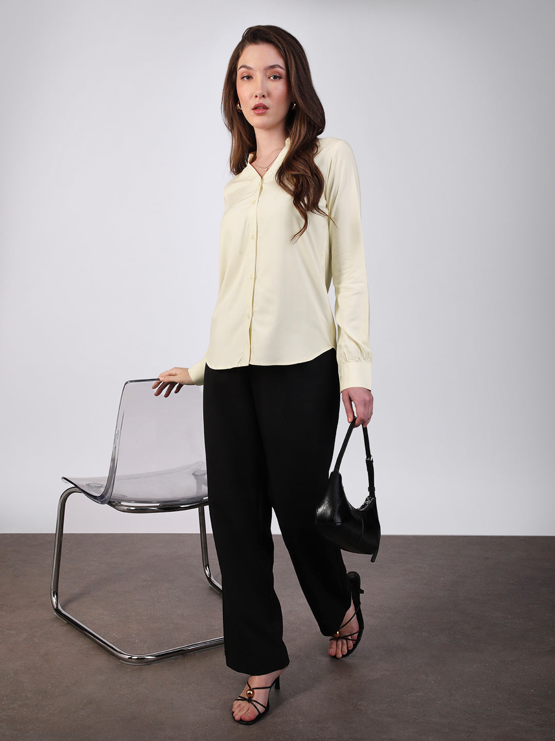 Women's Butter Modal Viscose Full Sleeve Regular Fit Casual Solid Shirt with Mandarin Collar