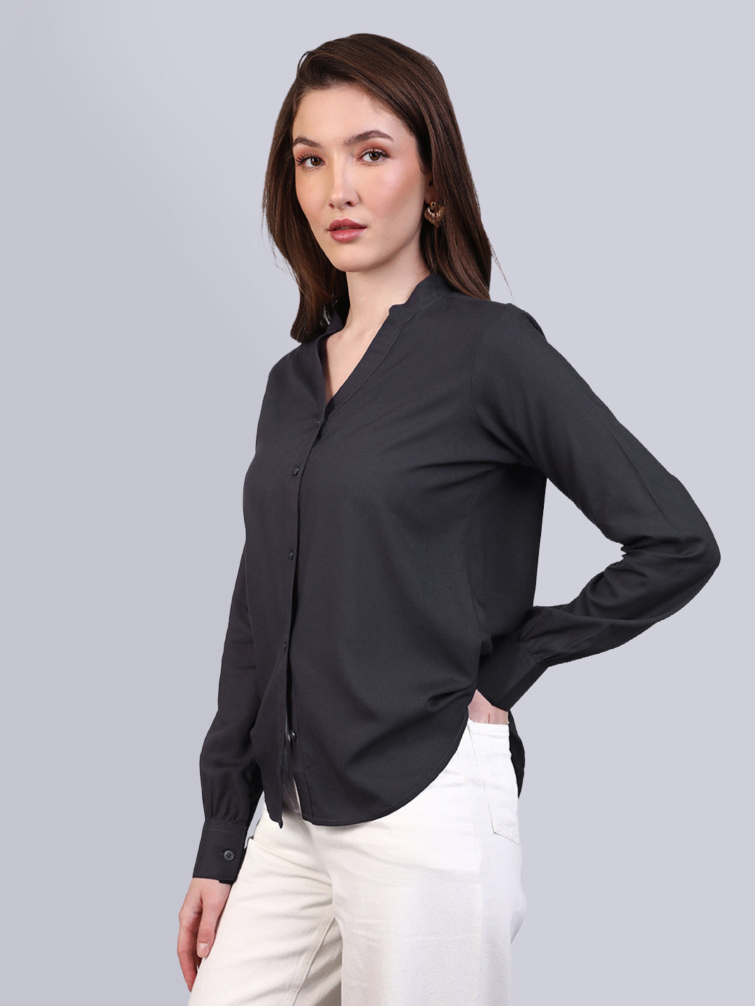 Women's Dark Grey Modal Viscose Full Sleeve Regular Fit Casual Solid Shirt with Mandarin Collar