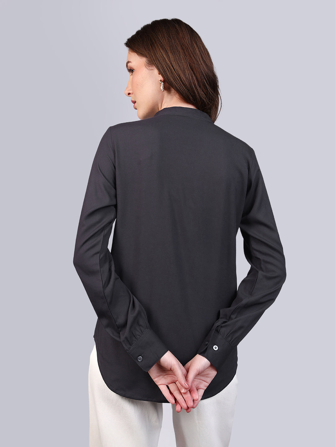 Women's Dark Grey Modal Viscose Full Sleeve Regular Fit Casual Solid Shirt with Mandarin Collar