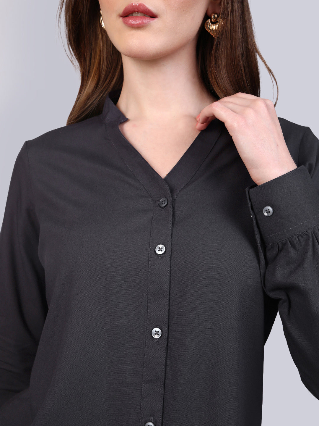 Women's Dark Grey Modal Viscose Full Sleeve Regular Fit Casual Solid Shirt with Mandarin Collar