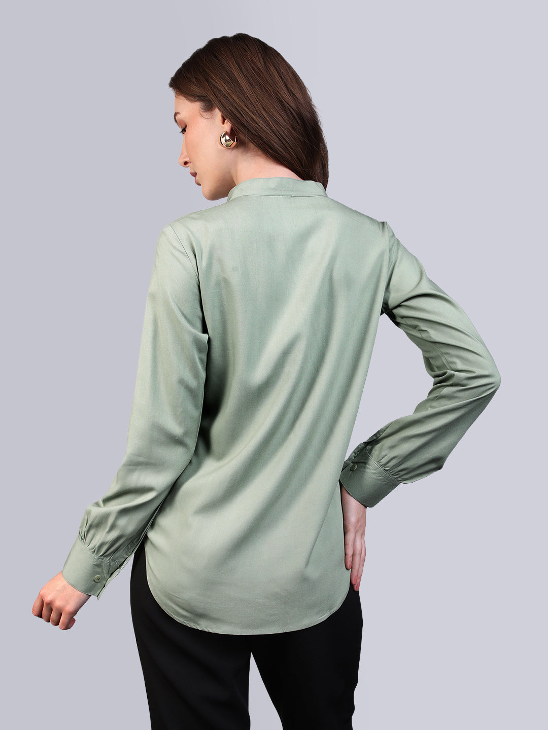 Women's Dusty Green Modal Viscose Full Sleeve Regular Fit Casual Solid Shirt with Mandarin Collar