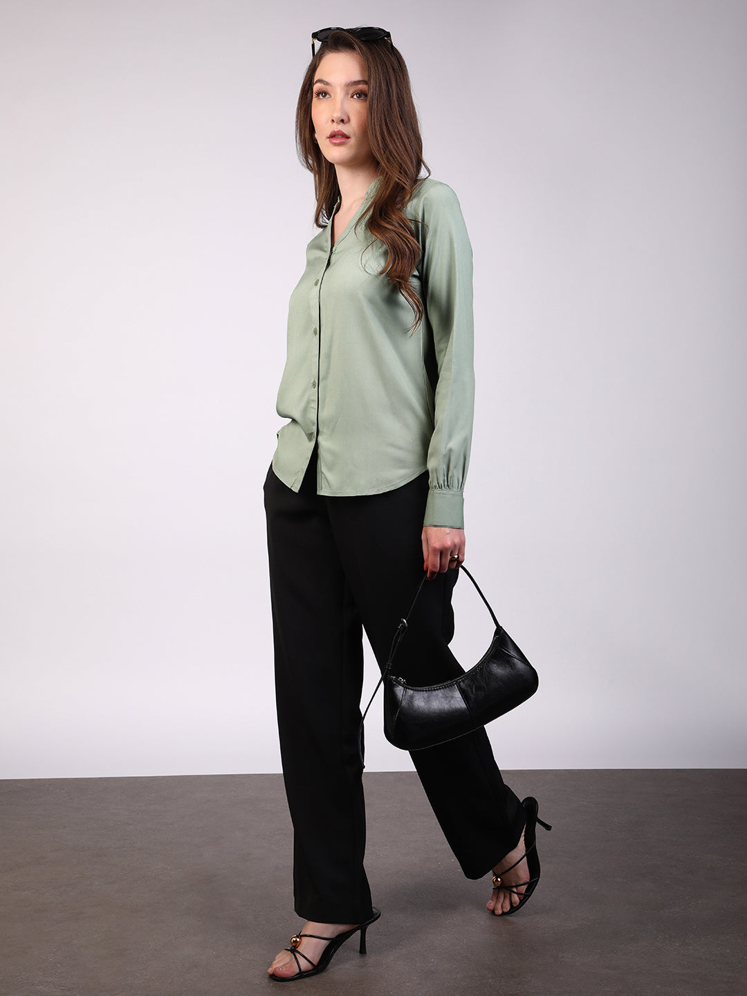 Women's Dusty Green Modal Viscose Full Sleeve Regular Fit Casual Solid Shirt with Mandarin Collar