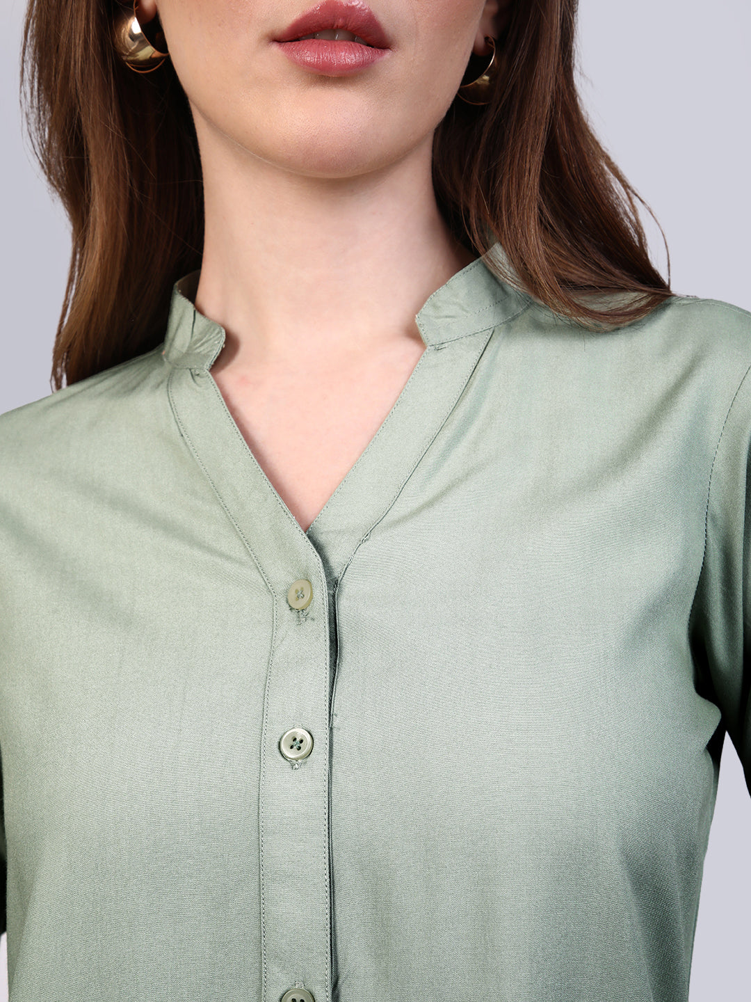 Women's Dusty Green Modal Viscose Full Sleeve Regular Fit Casual Solid Shirt with Mandarin Collar