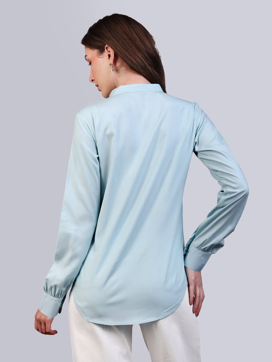 Women's Light Sky Blue Modal Viscose Full Sleeve Regular Fit Casual Solid Shirt with Mandarin Collar