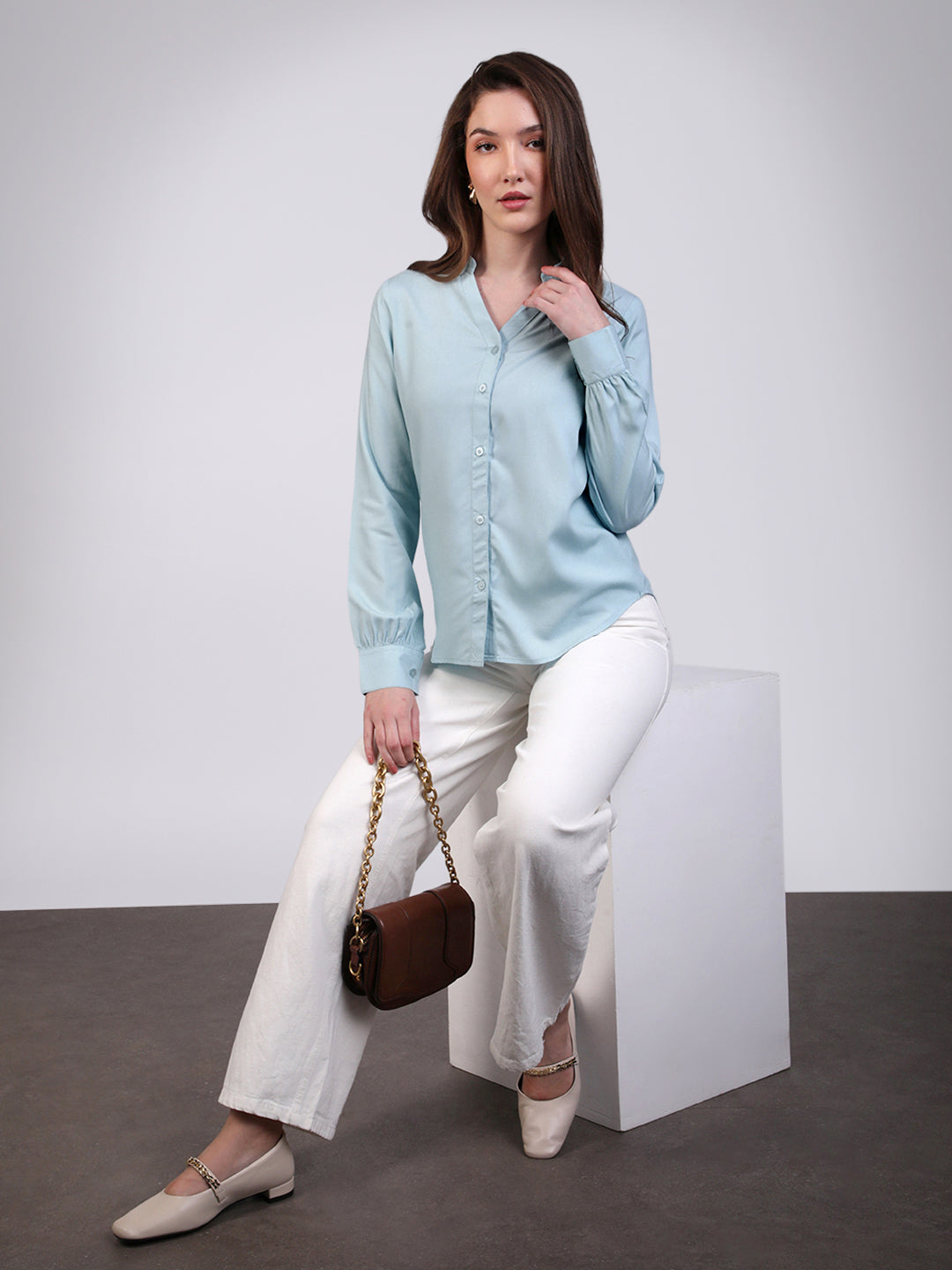 Women's Light Sky Blue Modal Viscose Full Sleeve Regular Fit Casual Solid Shirt with Mandarin Collar