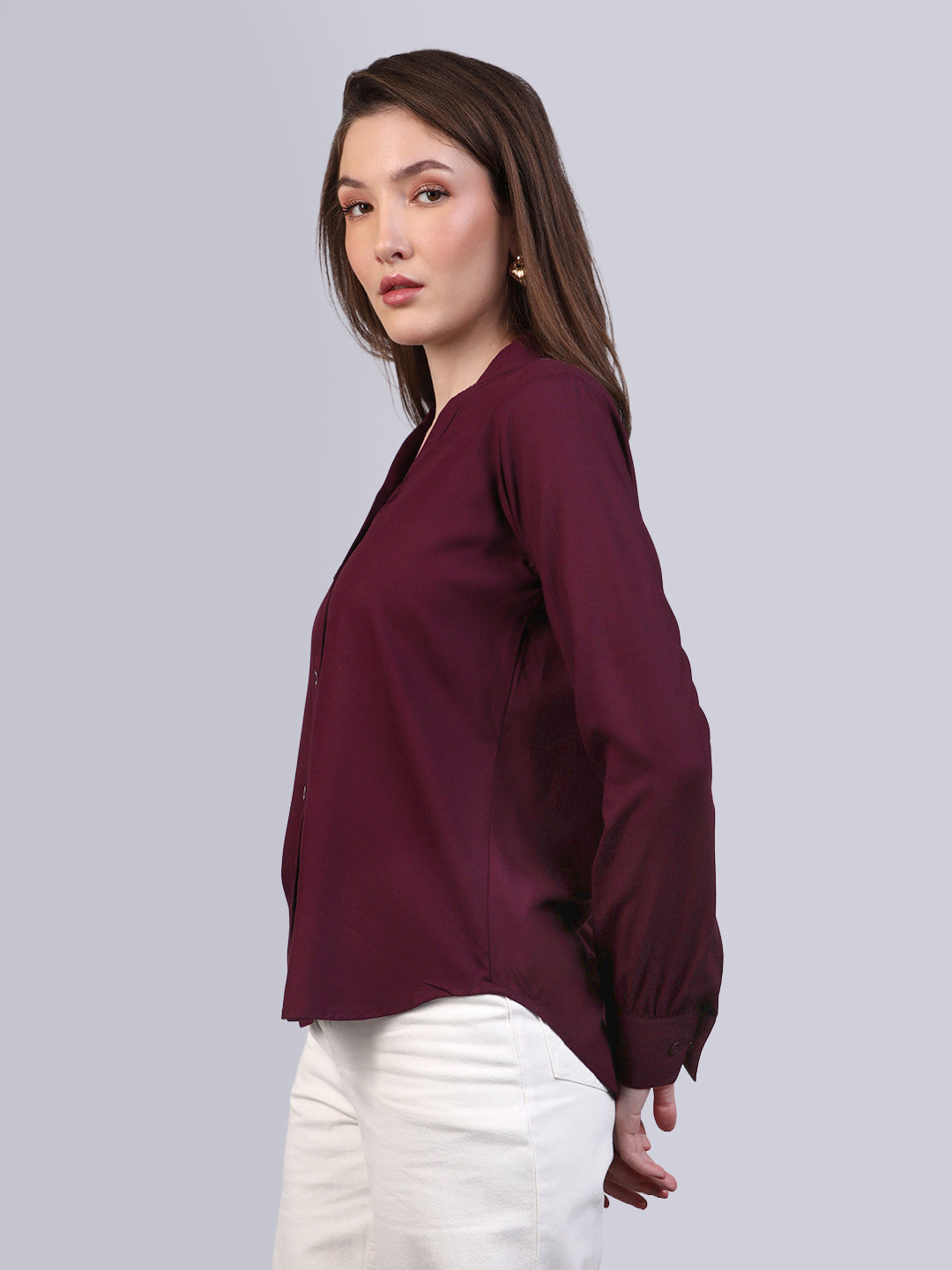 Women's Maroon Modal Viscose Full Sleeve Regular Fit Casual Solid Shirt with Mandarin Collar