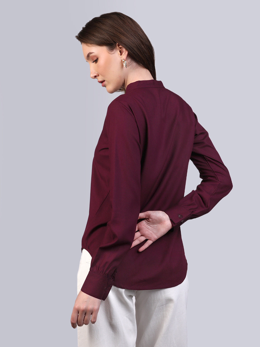 Women's Maroon Modal Viscose Full Sleeve Regular Fit Casual Solid Shirt with Mandarin Collar