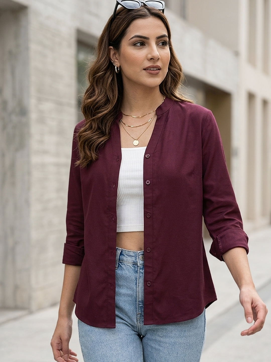 Women's Maroon Modal Viscose Full Sleeve Regular Fit Casual Solid Shirt with Mandarin Collar