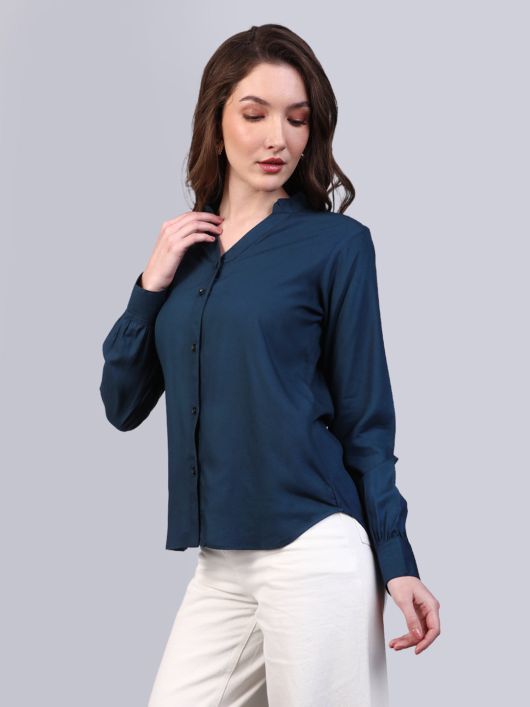 Women's Midnight Blue Modal Viscose Full Sleeve Regular Fit Casual Solid Shirt with Mandarin Collar