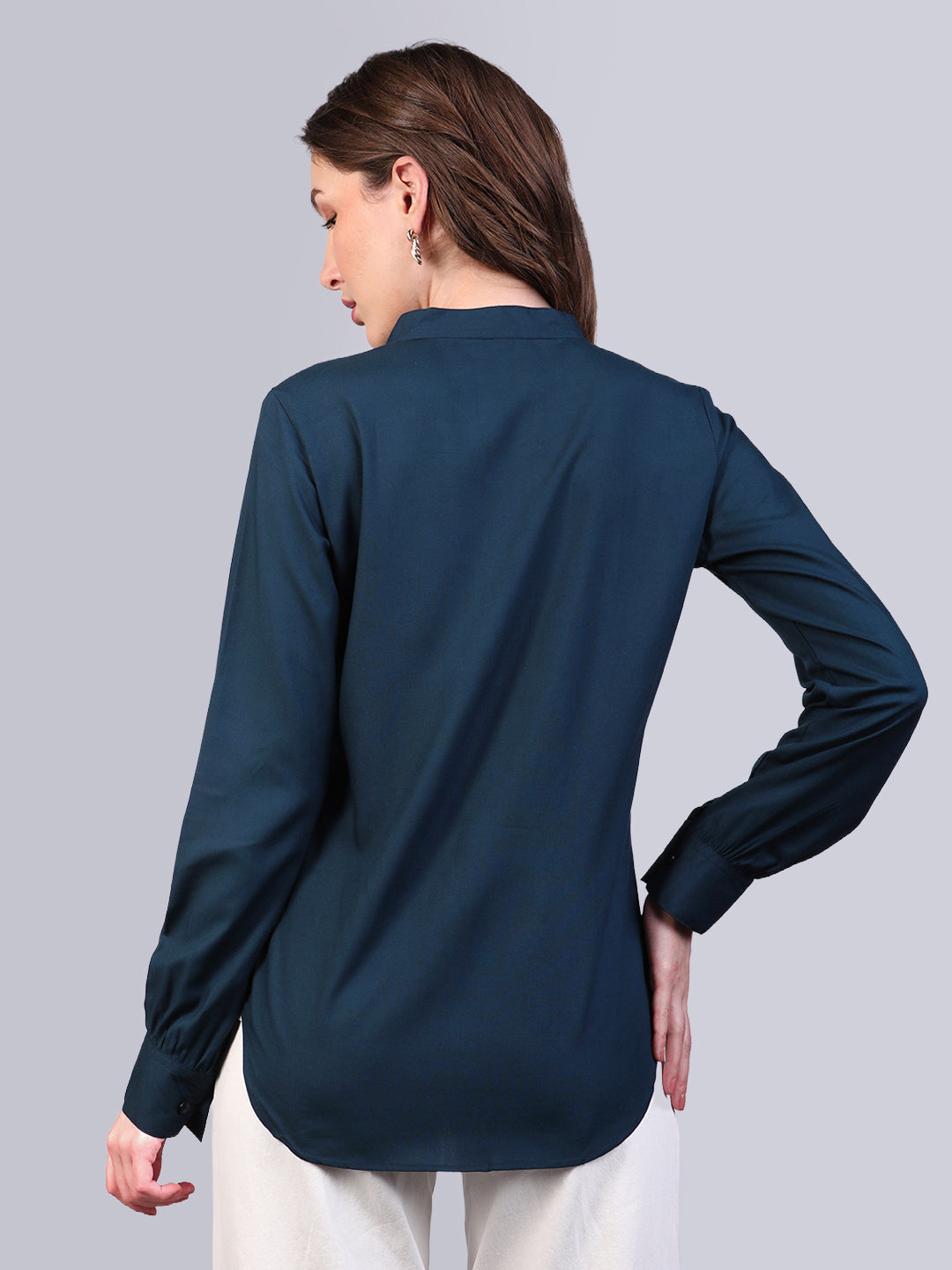 Women's Midnight Blue Modal Viscose Full Sleeve Regular Fit Casual Solid Shirt with Mandarin Collar