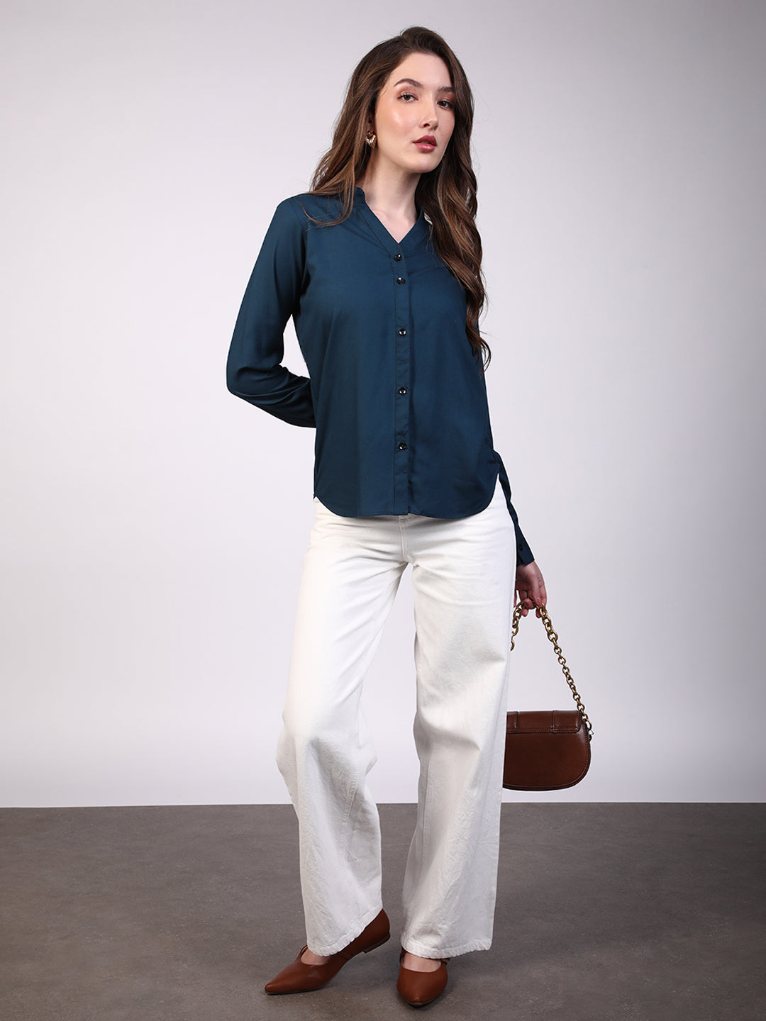 Women's Midnight Blue Modal Viscose Full Sleeve Regular Fit Casual Solid Shirt with Mandarin Collar