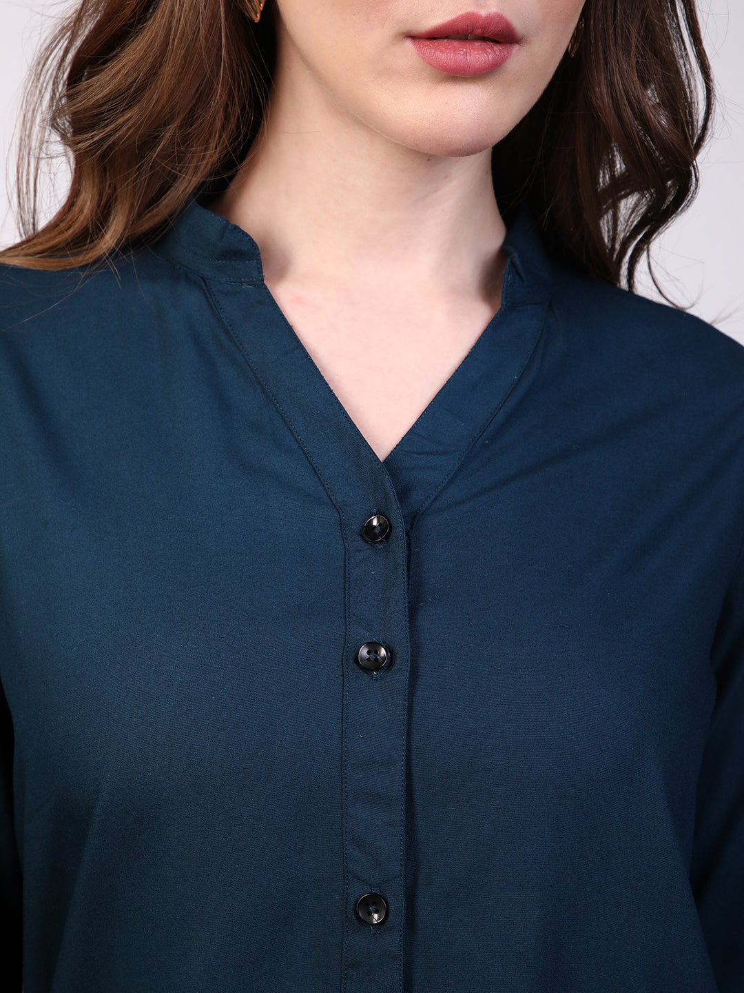 Women's Midnight Blue Modal Viscose Full Sleeve Regular Fit Casual Solid Shirt with Mandarin Collar