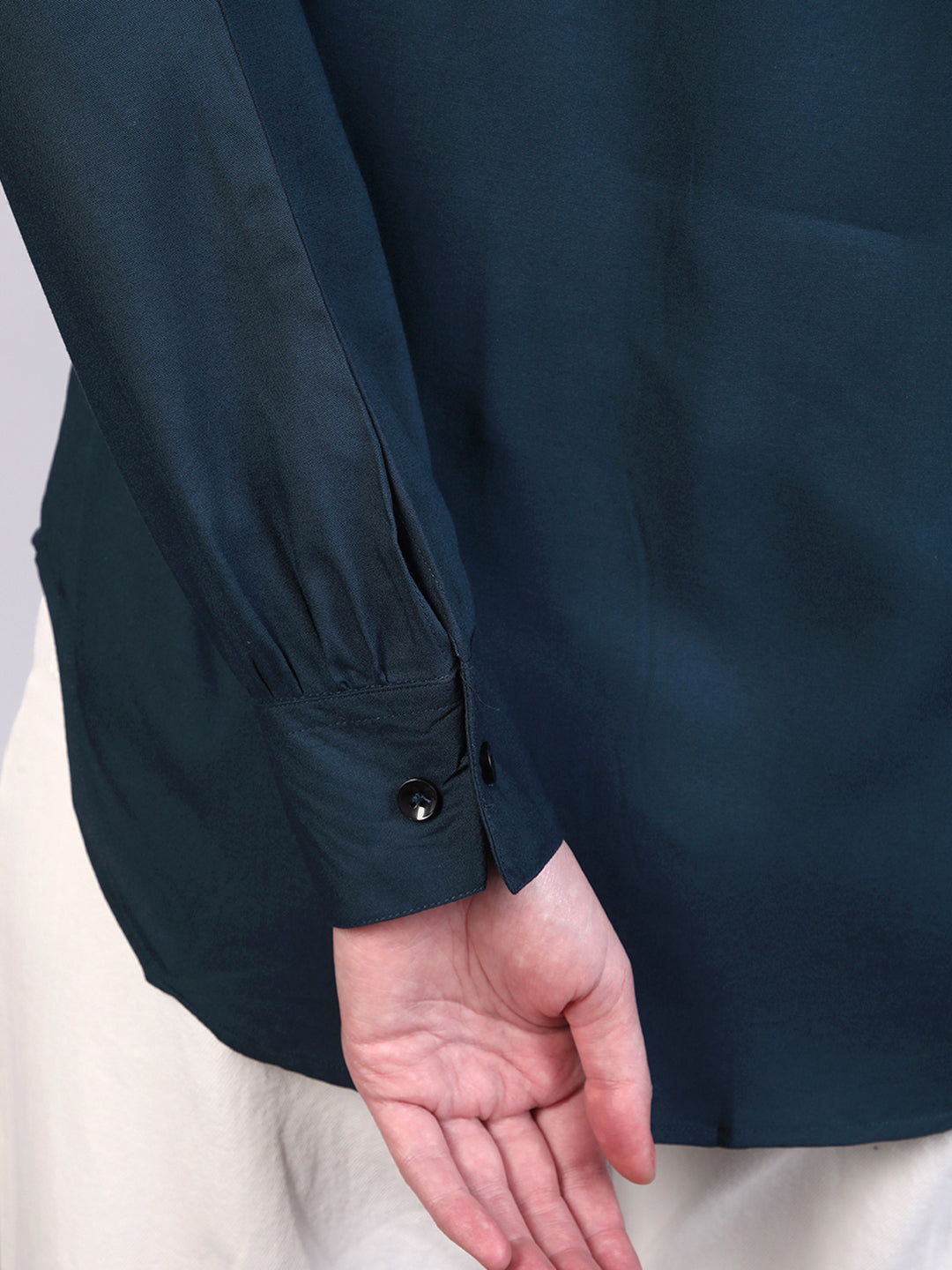 Women's Midnight Blue Modal Viscose Full Sleeve Regular Fit Casual Solid Shirt with Mandarin Collar