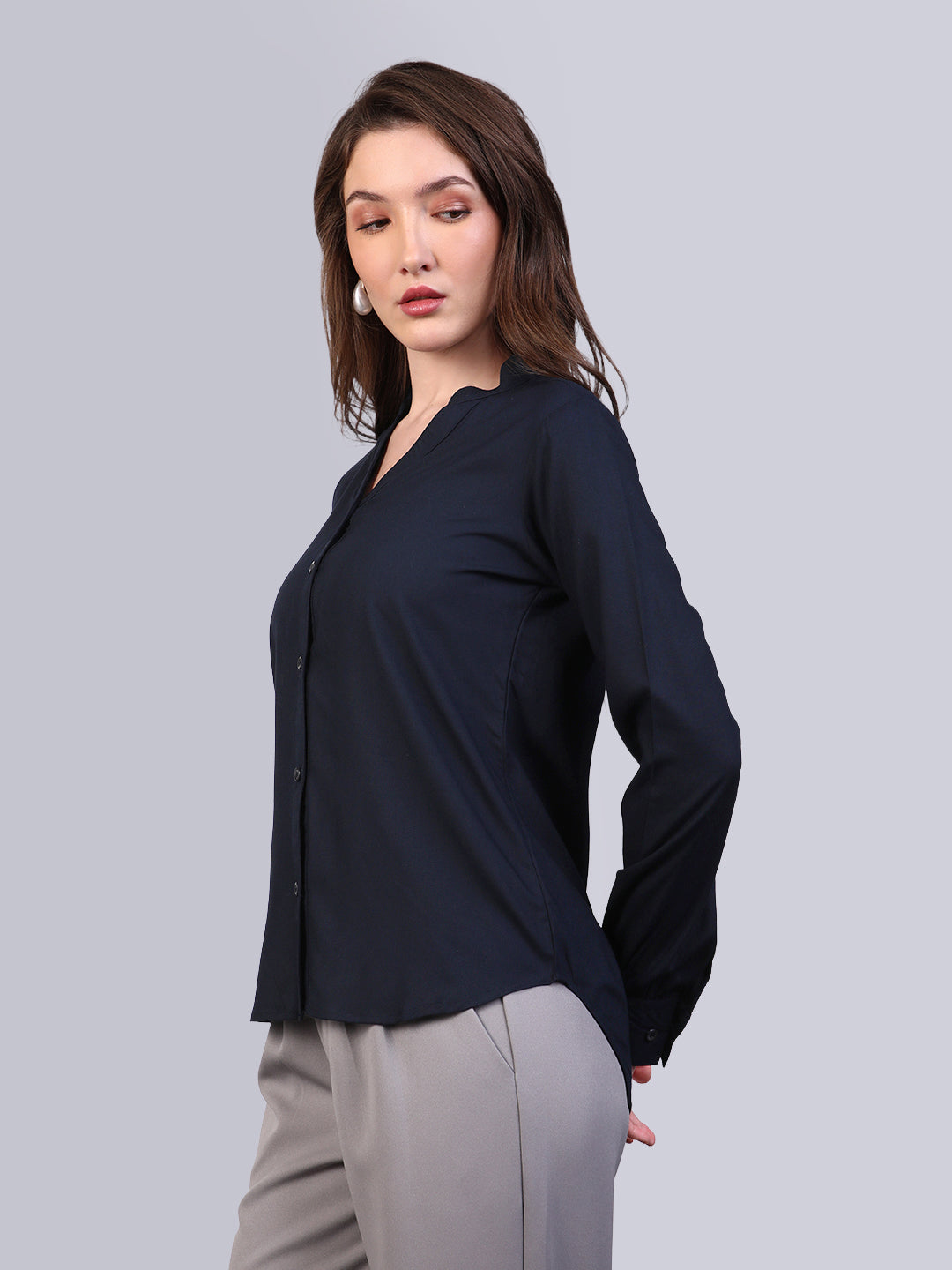 Women's Navy Modal Viscose Full Sleeve Regular Fit Casual Solid Shirt with Mandarin Collar